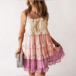 Pink Ombré Tiered Dress Swiss Dot Detail XL NWOT